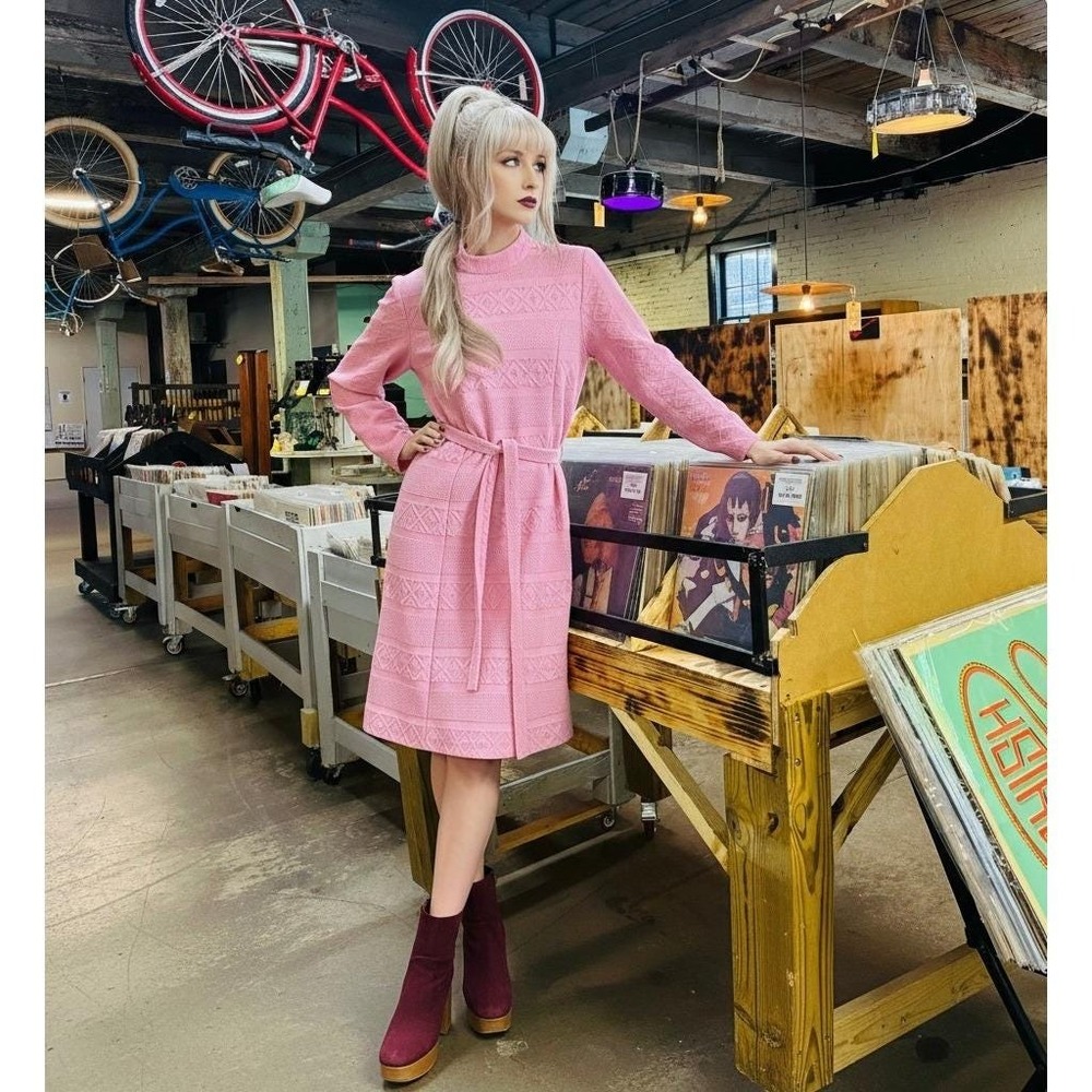 Vintage 60s Pink Midi Dress Textured Knit Mock Neck Medium